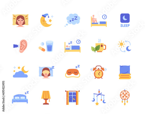 Set of Sleep Related Colorful Icons. Bright signs with sleeping character, melatonin tablets, earplugs and alarm clock. Insomnia and mental disorder. Cartoon flat vector collection isolated on white