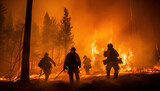 A group of firefighters in full gear combat a forest fire under conditions of intense flames and smoke. The concept of climate change