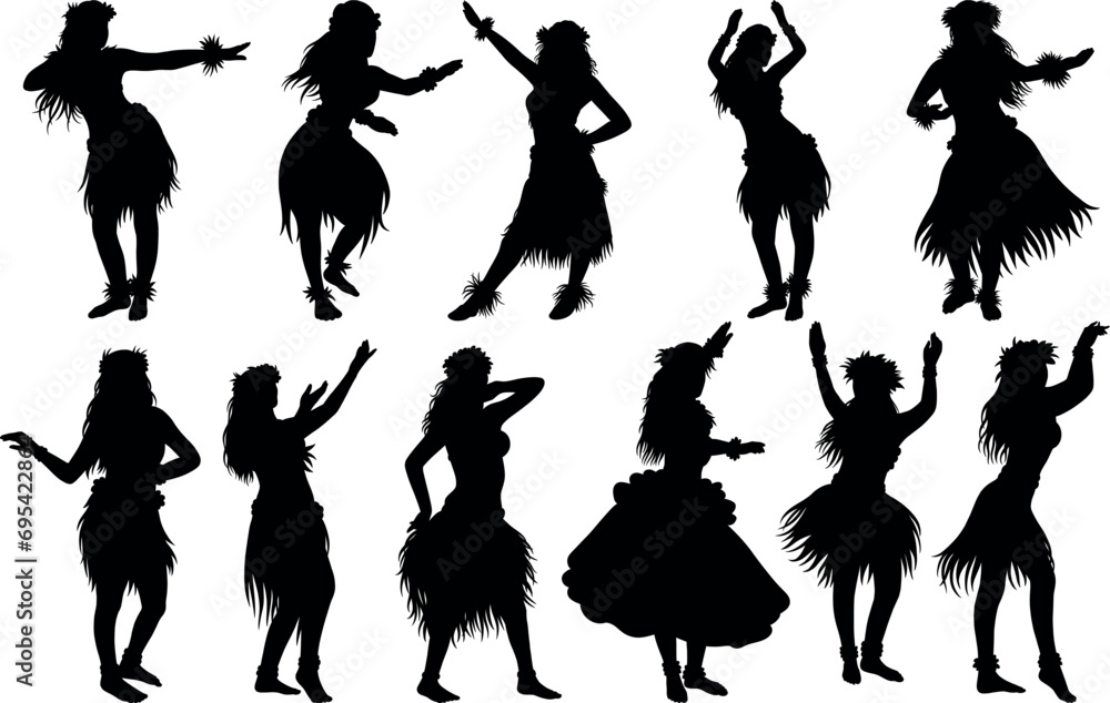 Hawaiian hula girl dancer silhouette, Posing, dancing, sensual and sexy woman set. Black vector illustration on white background. - obrazy, fototapety, plakaty 