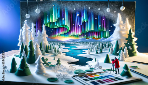 A magical and artistic interpretation of the Northern Lights over a snowy landscape in Finnish Lapland, crafted from fabric and paper to feature vario. photo