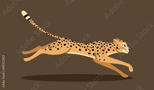 Cute running leopard. Colorful poster with fast running cheetah. Spotted predator inhabitant of savannah or jungle. Wild animal or mammal. Cartoon flat vector illustration isolated on brown background
