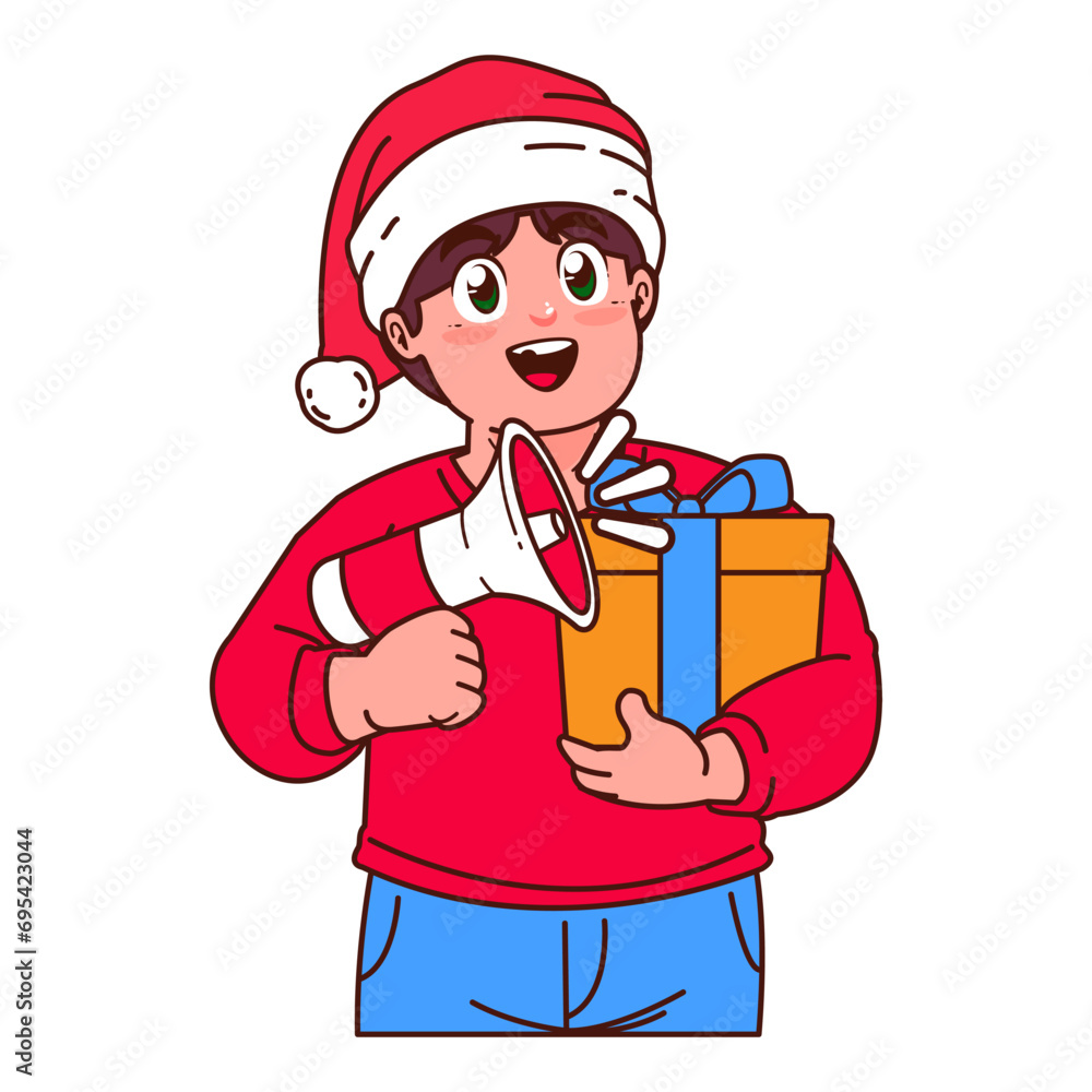 A Boy in a Santa hat holding a Christmas gift A Boy in a Santa hat holding a Christmas gift