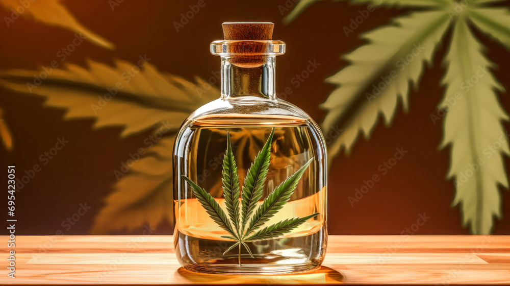 Glass bottle with hemp oil. Medicinal properties of marijuana. Close-up of cannabis extract for smoking. Glass bottle with hemp oil. Medicinal properties of marijuana. Close-up of cannabis extract for smoking.