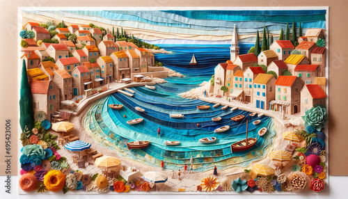 An enchanting and colorful depiction of a coastal town in Croatia with the Adriatic Sea, made using fabric and paper to showcase various textures and .
