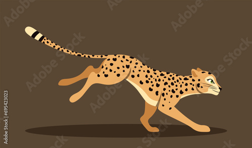 Cute running leopard. Adorable fast cheetah rushes forward. Wild cat or savannah animal in motion. Design element for poster. Cartoon flat vector illustration isolated on brown background