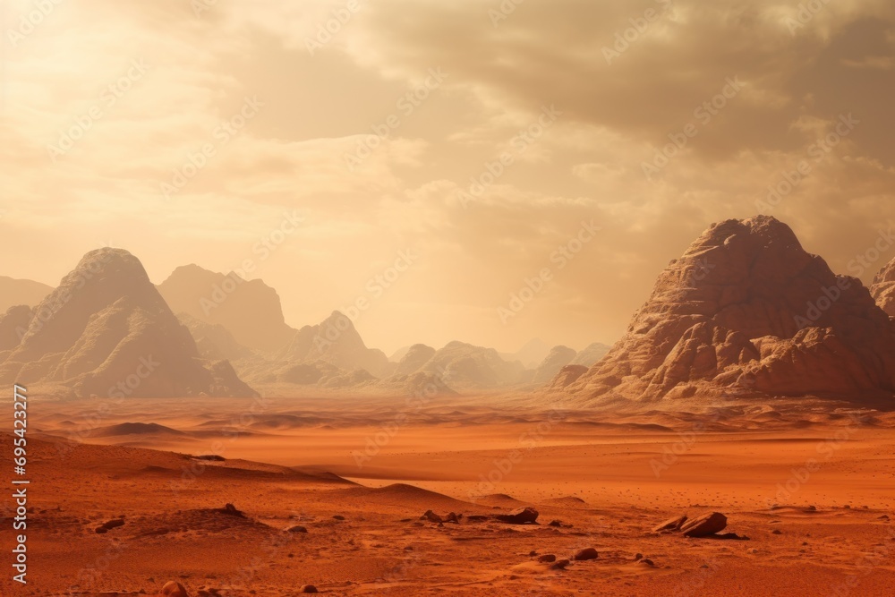  a desert scene with rocks and sand in the foreground and a mountain range in the distance with a few clouds in the sky over the top of the desert.