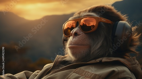 A trendy relaxing Ulan utan monkey wear sunglasses at natural mountains range.    photo