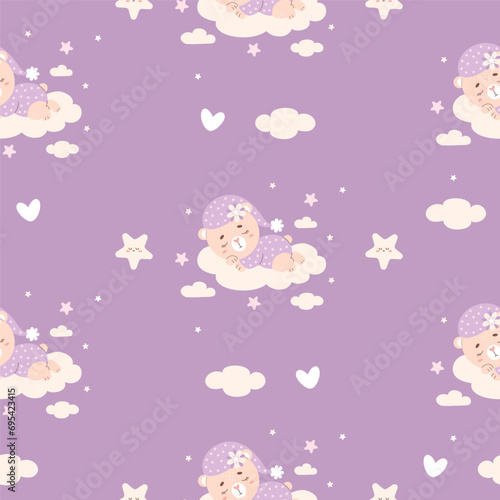 Seamless pattern with little animal sleeping bear on cloud on purple background. Vector illustration for design, wallpaper, packaging, textile. Kids collection.