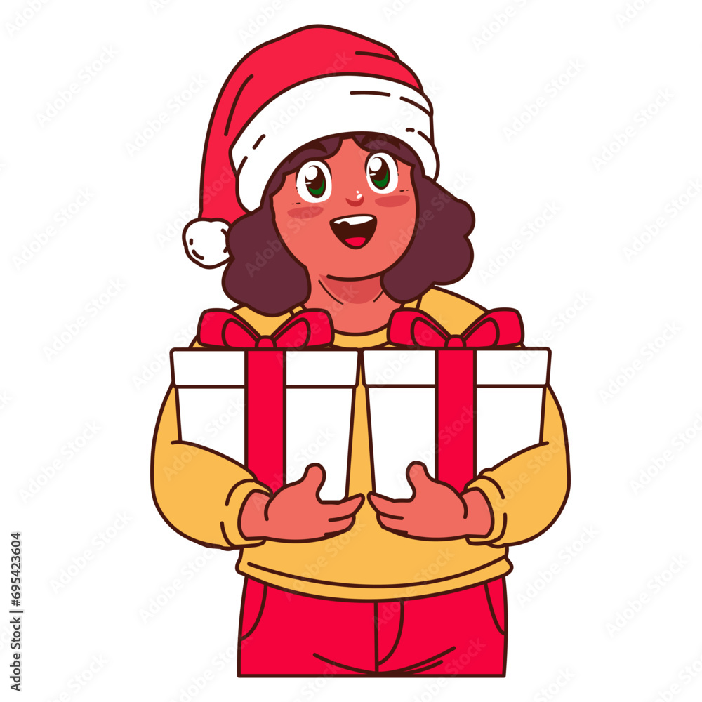 A Girl in a Santa hat holding a Christmas gift A Girl in a Santa hat holding a Christmas gift
