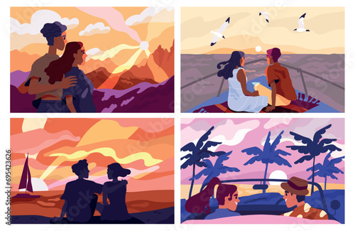 Set of Lovers admire sunset. Happy young couples on romantic date on yacht, beach or in mountains. Men and women show tenderness and love. Cartoon flat vector collection isolated on white background