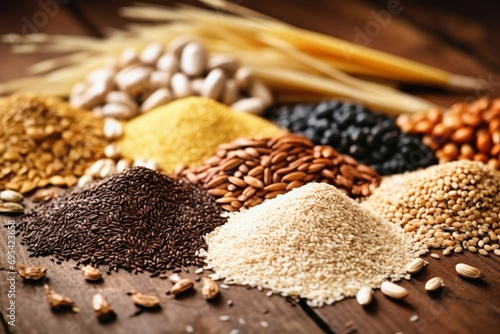 Assorted different types of beans and cereals grains. Set of indispensable sources of protein for a healthy lifestyle. Quality food. Healthy eating concept. © Anoo