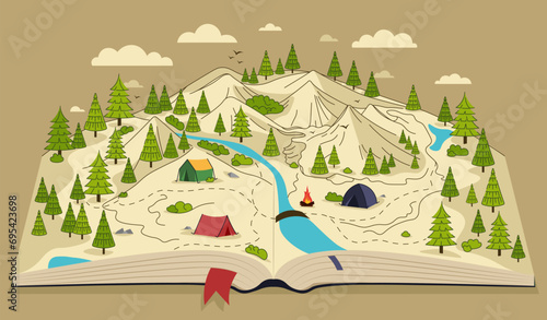 Map with mountains in book. Symbol of great adventures and travels. Tents and tresss, forest and river. Poster with hilly landscape. Cartoon flat vector illustration isolated on brown background