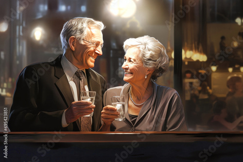 Elderly happy loving Asian couple with cocktail glasses celebrating Valentine's Day at the bar. Old people in love drink in a bar.