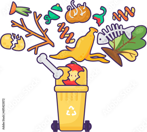 Old unwanted Food Leftovers fall into open trash can. Heap of old vegetables, fruits and compost. Organic pollution problem. Stroked cartoon outline vector isolated on white background