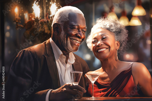The concept of an active social lifestyle for older people. An elderly dark-skinned couple drinks alcoholic drinks in a bar or restaurant. Lovers enjoying happy hour at the bar.