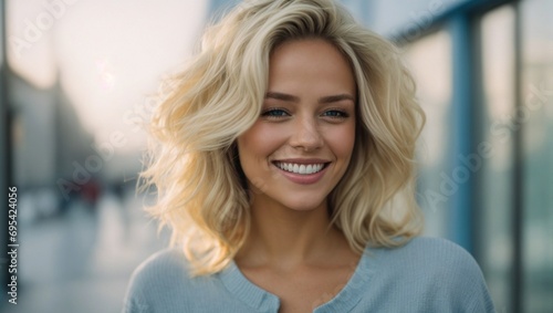 Blonde Russian Woman Smiling with Whitened Teeth, Soft Blue Background