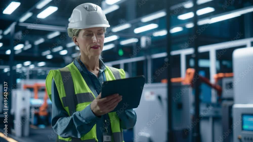 Caucasian Female Engineer Wearing Hardhat And Walking with a Tablet, Monitoring Conditions at an Automated Industrial Machinery Assembly Line with Robot Hands Powered By Artificial Intelligence. Caucasian Female Engineer Wearing Hardhat And Walking with a Tablet, Monitoring Conditions at an Automated Industrial Machinery Assembly Line with Robot Hands Powered By Artificial Intelligence.
