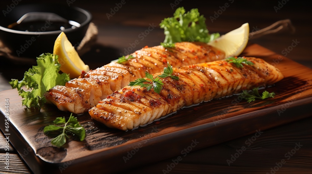 Grilled Fish Fillet on wooden. Ai generative