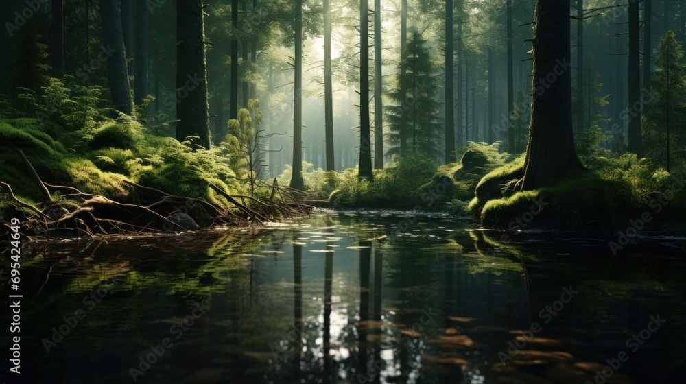 Obraz premium High angle view of a tranquil forest reflecting. Ai generative