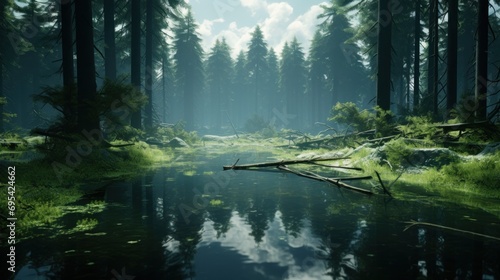 High angle view of a tranquil forest reflecting. Ai generative