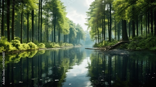 High angle view of a tranquil forest reflecting. Ai generative