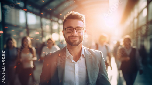Portrait of young success business man traveling to office on blurred flare background photo
