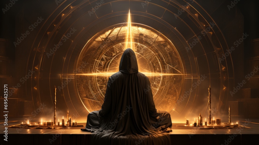 A mysterious figure in a black cloak meditates before a shimmering golden circle, illuminated by the glow of a nearby fountain in the dark of night, surrounded by towering buildings