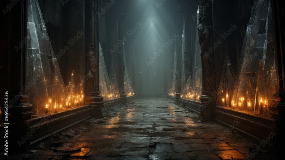 Amidst the fog and flickering candlelight of a moonless night, a solitary figure traverses the shadowed ground of a dimly lit hallway, flanked by towering pillars that seem to whisper secrets
