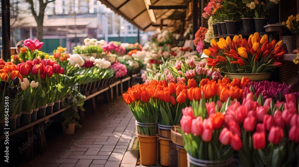 Colorful tulips in a flower shop. Selective focus.