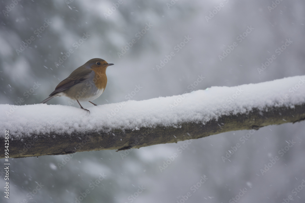 Turdus migratorius, robin bird perched on a snowy branch Turdus migratorius, robin bird perched on a snowy branch