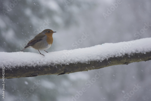 Turdus migratorius, robin bird perched on a snowy branch © Schizarty