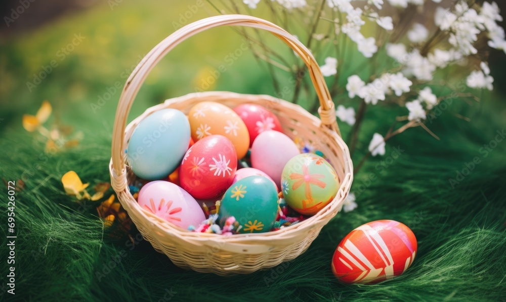 Easter holiday. Easter basket with colorful eggs on a background of green grass meadow Easter holiday. Easter basket with colorful eggs on a background of green grass meadow