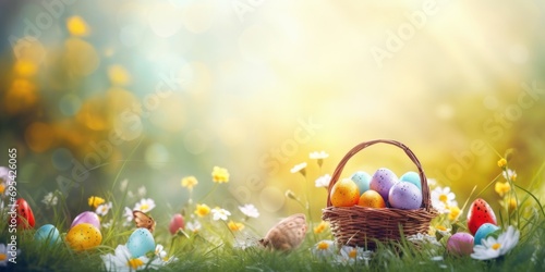 Easter holiday. Easter basket with colorful eggs on a background of green grass meadow photo