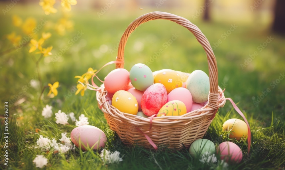 Easter holiday. Easter basket with colorful eggs on a background of green grass meadow Easter holiday. Easter basket with colorful eggs on a background of green grass meadow