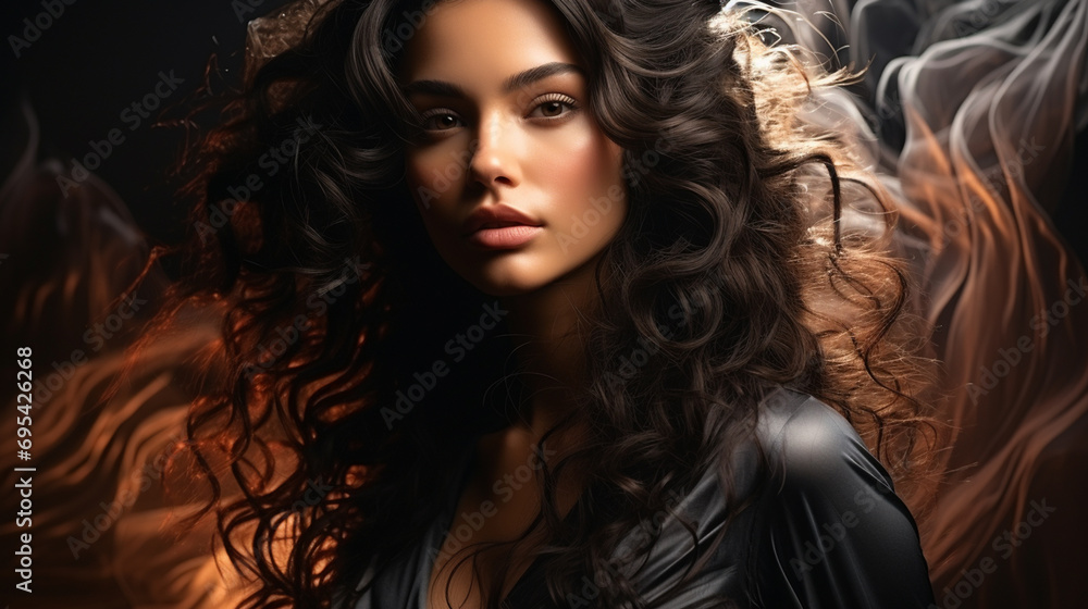 A striking woman with cascading curls and a captivating human face exudes confidence and fashion-forward style in her portrait A striking woman with cascading curls and a captivating human face exudes confidence and fashion-forward style in her portrait
