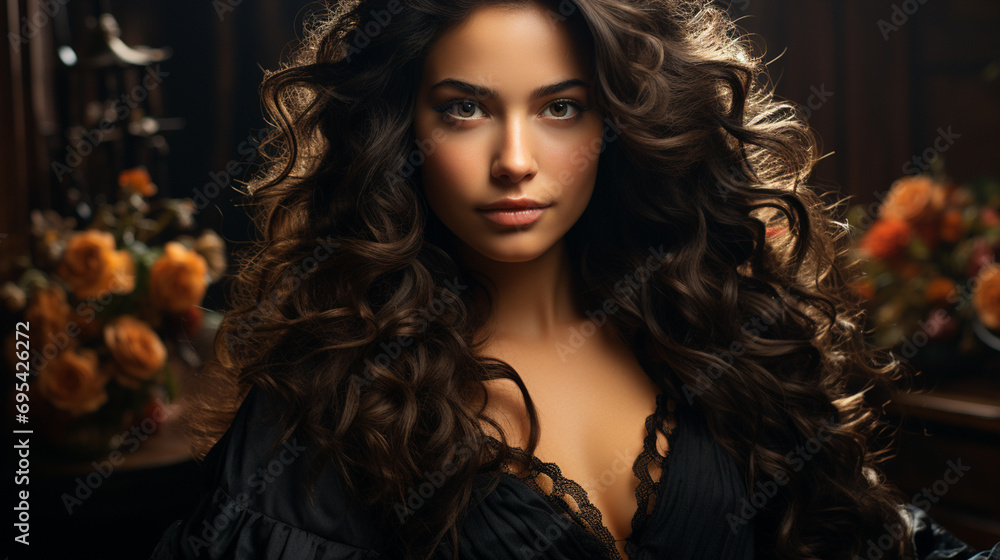 Fototapeta premium A stylish woman with cascading curls poses confidently in an indoor setting, showcasing her fashionable clothing and elegant ringlets