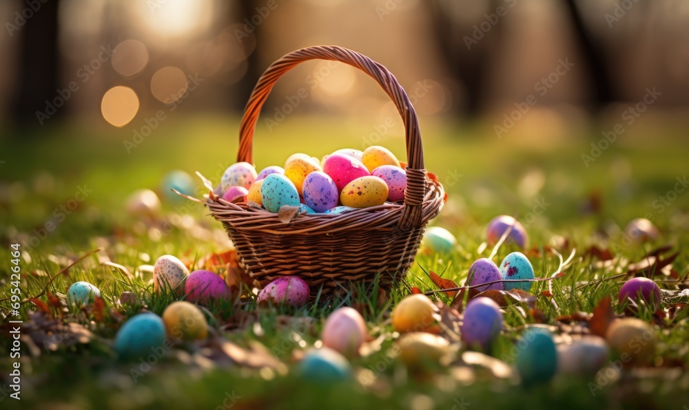 Easter holiday. Easter basket with colorful eggs on a background of green grass meadow Easter holiday. Easter basket with colorful eggs on a background of green grass meadow