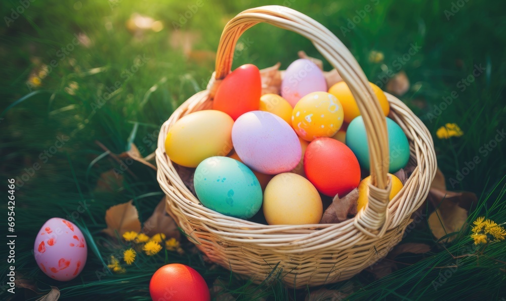 Easter holiday. Easter basket with colorful eggs on a background of green grass meadow Easter holiday. Easter basket with colorful eggs on a background of green grass meadow