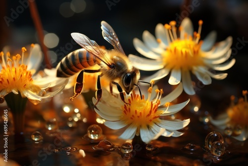  a close up of a bee on a flower with water droplets in the foreground and a blurry background of water droplets on the bottom of the flower petals. © Nadia