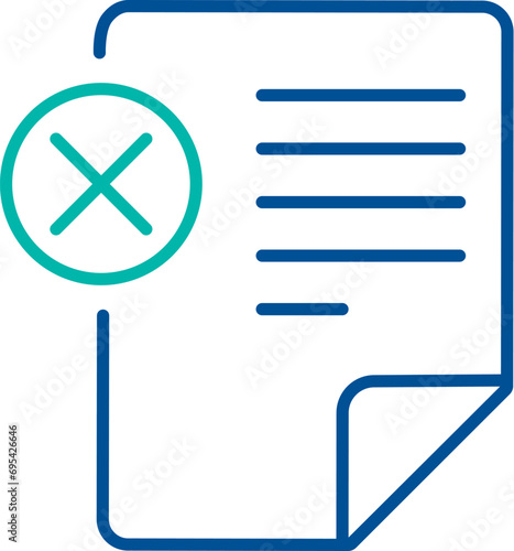 Electronic document with crossed out symbol, business process organization symbol. Blocking unwanted data. Simple linear color icon isolated on white background