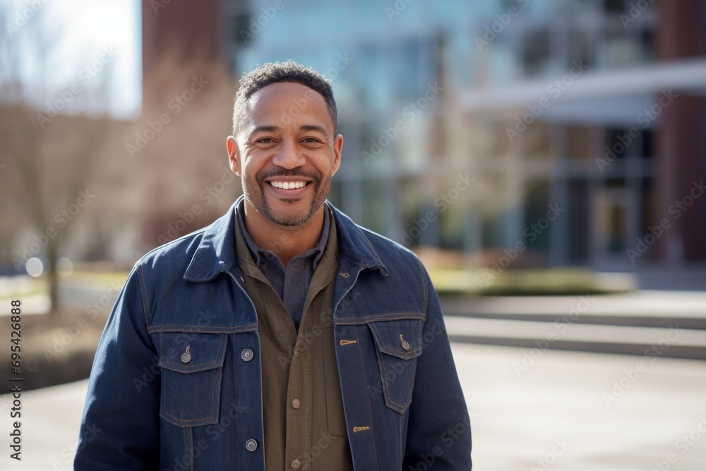 Obraz premium Portrait of a grinning man in his 40s sporting a rugged denim jacket against a modern university campus background. AI Generation