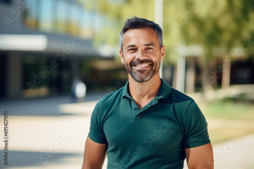 Portrait of a cheerful man in his 40s wearing a sporty polo shirt against a modern university campus background. AI Generation © Markus Schröder