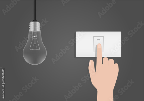 Hand Turning Off Light Switch. Saving Electricity and Energy Concept. Vector Illustration. 