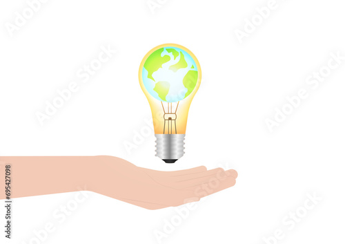 Hand Holding Light Bulb with Planet Earth inside. Saving Electricity and Energy. Green Energy or Renewable Energy. Eco- Friendly Concept. 