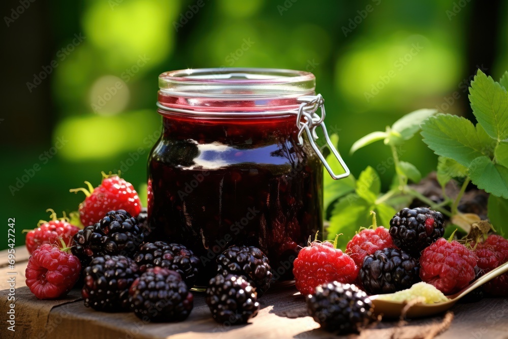 a jar of raspberry jam next to a bunch of raspberries and a bushel of raspberries on a wooden table with green leaves in the background. a jar of raspberry jam next to a bunch of raspberries and a bushel of raspberries on a wooden table with green leaves in the background.