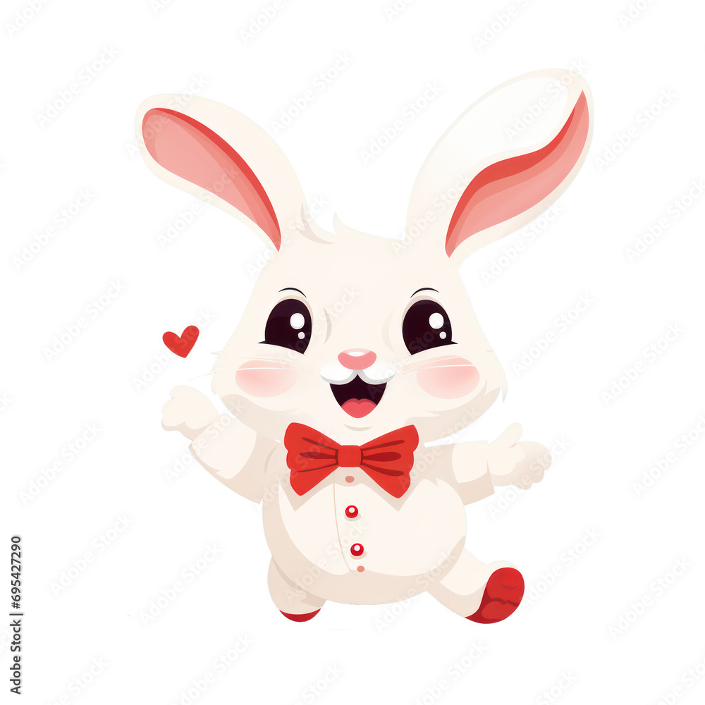 Obraz premium Rabbit bunny white with red butterfly tie and love emoji, cute style cartoon, happy expression. AI generated png transparent
