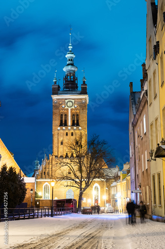 2023-02-04; view of St. Catherine Church in winter at night, Gdansk Poland