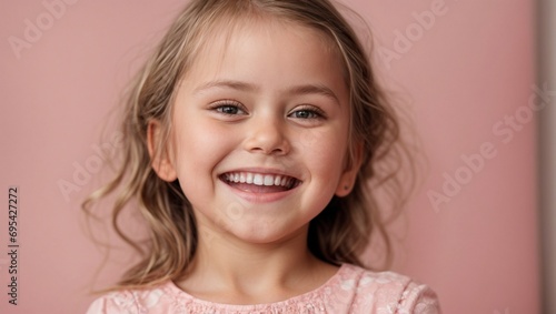 Russian Little Girl Smiling with Whitened Teeth on Soft Pink Background, Close Up
