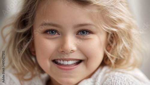 Russian Little Girl Smiling with Whitened Teeth on White Background, Close Up
