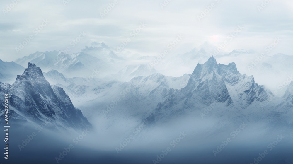 a mountainous expanse enveloped in a snowfall during a foggy morning. The fog should gently veil parts of the landscape, imparting a sense of mystery and depth. The snowflakes should be depicted fall a mountainous expanse enveloped in a snowfall during a foggy morning. The fog should gently veil parts of the landscape, imparting a sense of mystery and depth. The snowflakes should be depicted fall